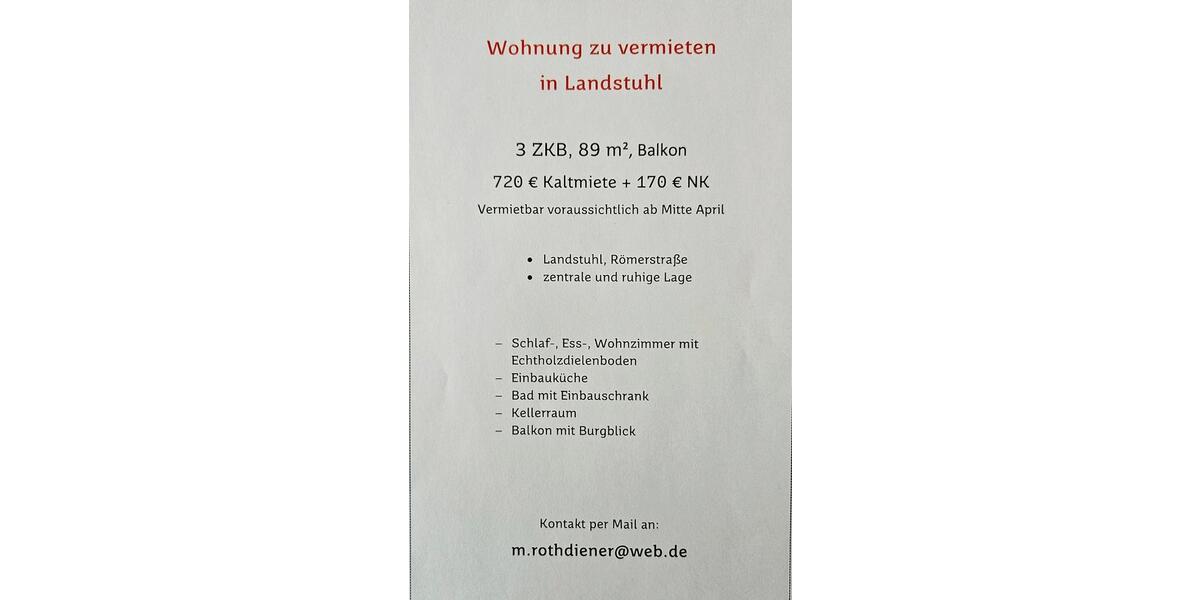 Etagenwohnung Landstuhl - 3 Zimmer, 89 m&sup2;, 720&euro; | Angebot:25978905