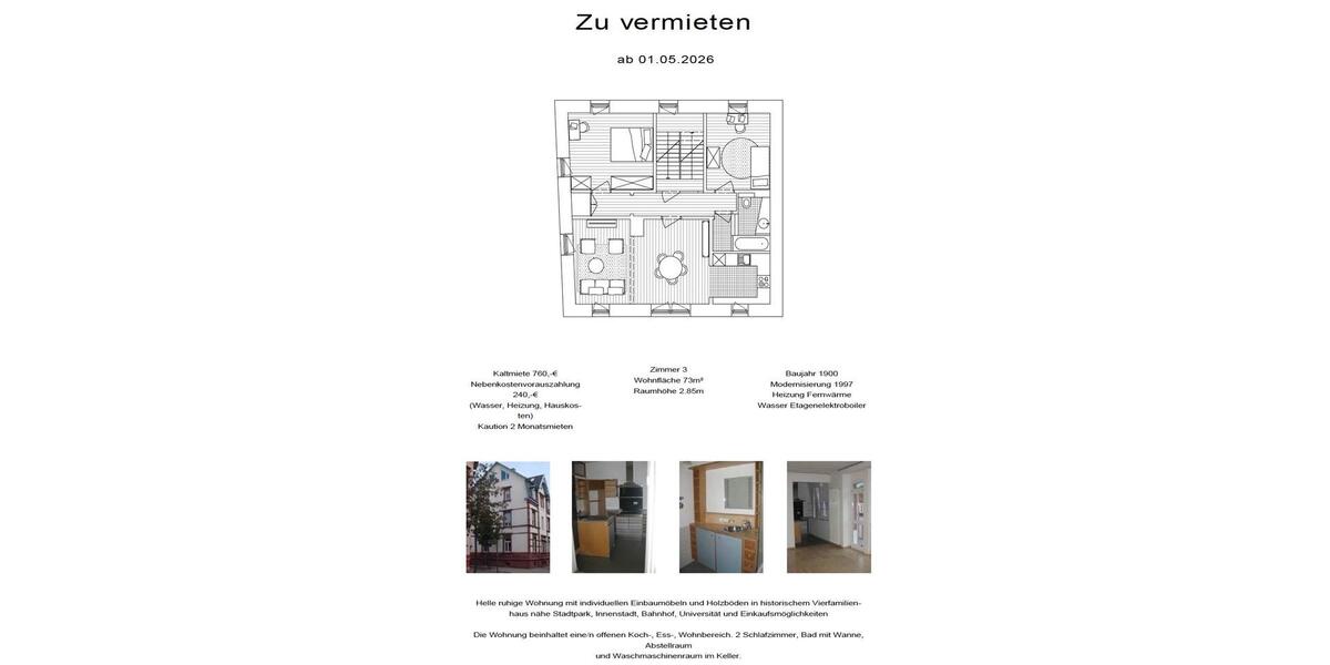 Etagenwohnung Kaiserslautern Betzenberg - 3 Zimmer, 73 m&sup2;, 1.000&euro; | Angebot:25987801